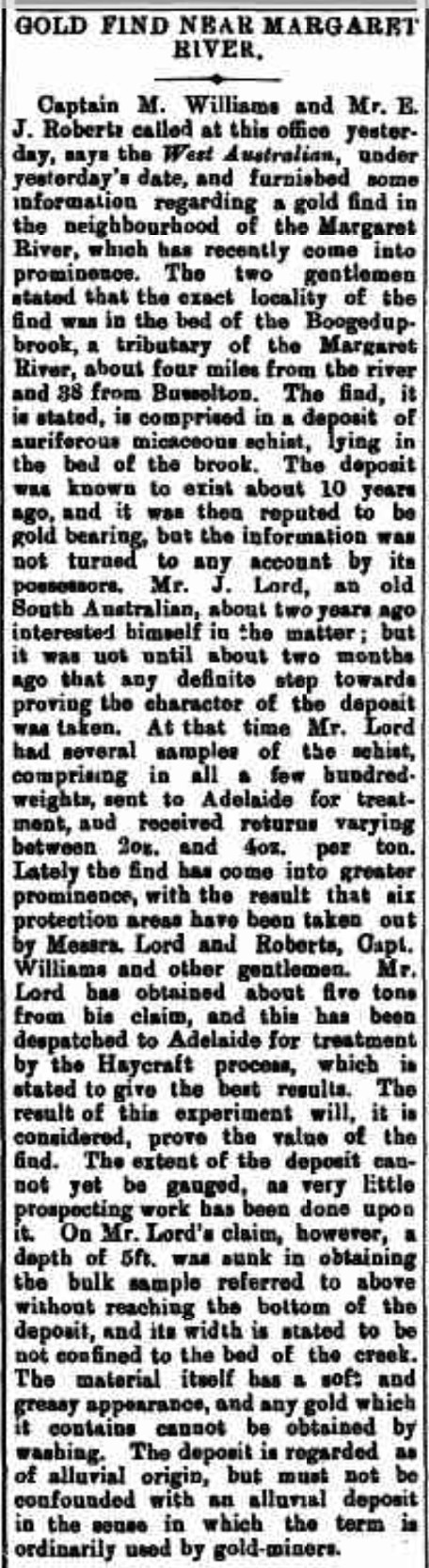 Gold Find Near Margaret River - Southern Times 2 July 1896