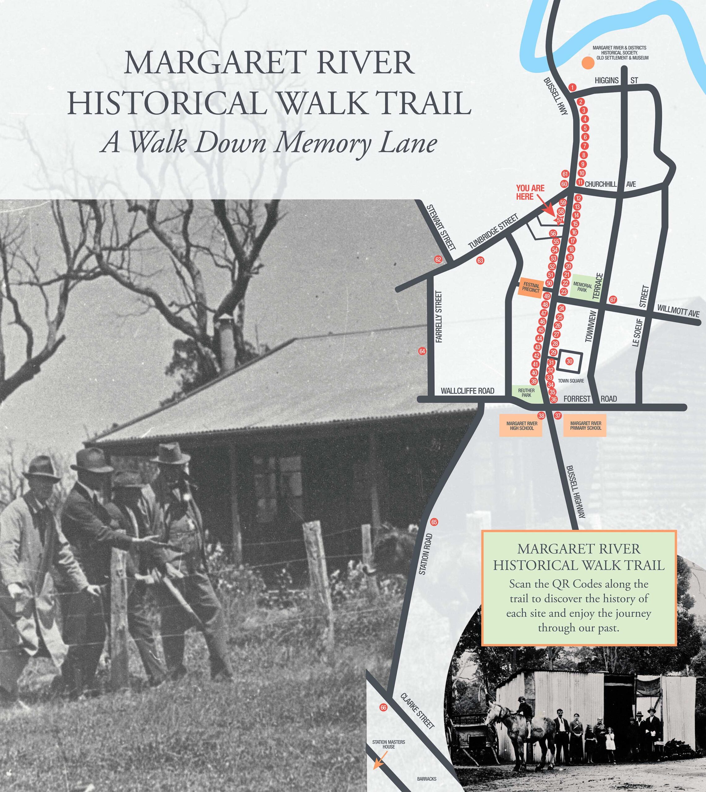 Margaret River Historical Walk. Scan the QR codes along the trail in the main street to discover the history of each site.