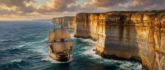 Impression of the ship 't Gulden Zeepaert exploring 't Land van Pieter Nuyts